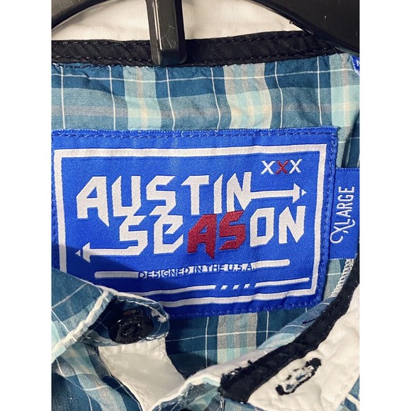 Austin Season Men's Embroidered Blue Plaid Long Sleeve Button Up Western Shirt L - Picture 12 of 14